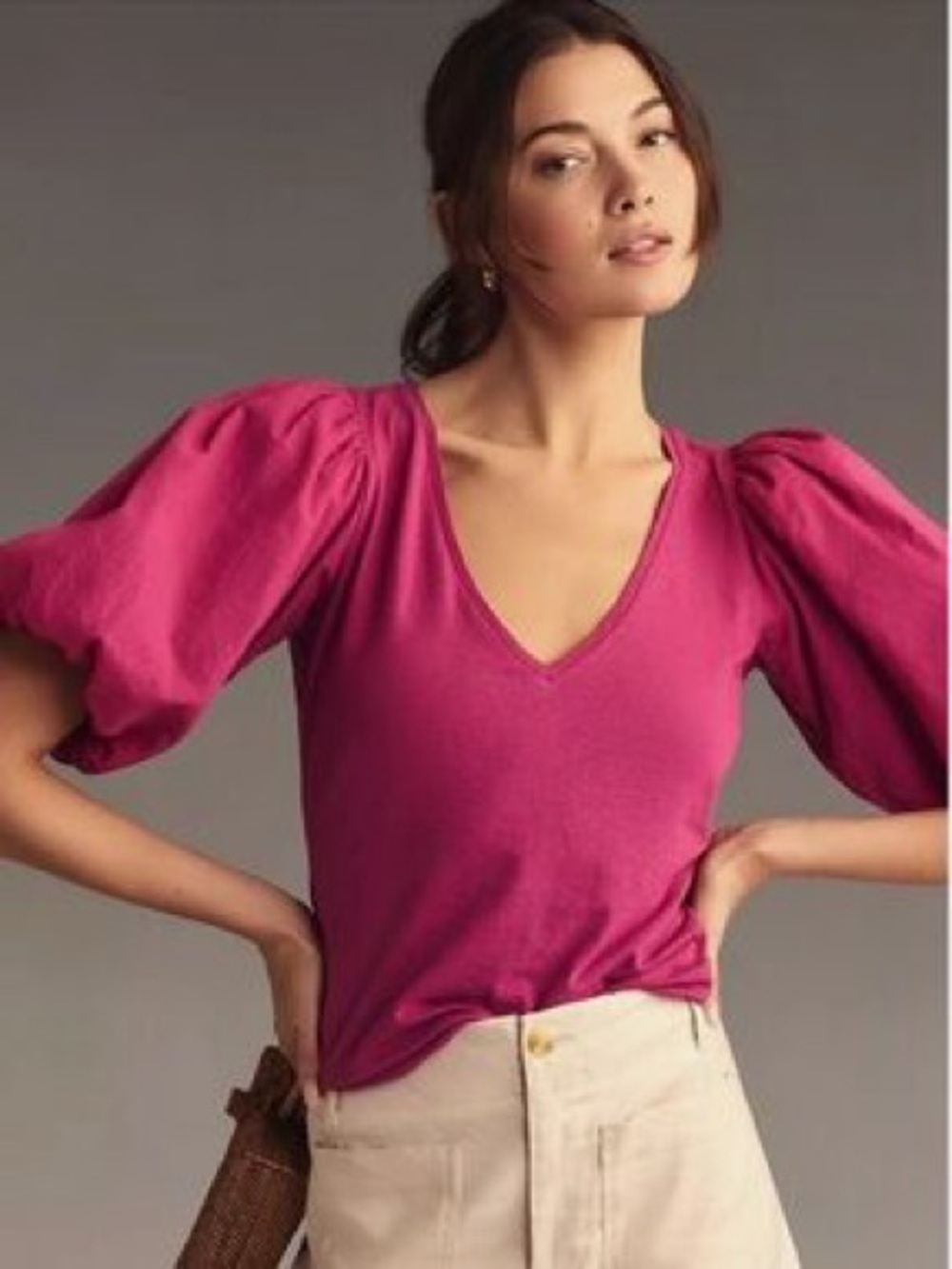 Nwot Anthropologie Puff Sleeve V-Neck Top in Fuchsia